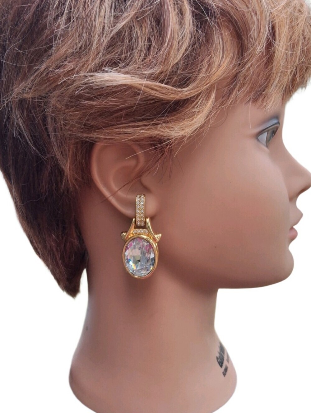 Vintage Swarovski Gold Tone Huge Oval Crystal Drop Dangle Post Earrings Signed